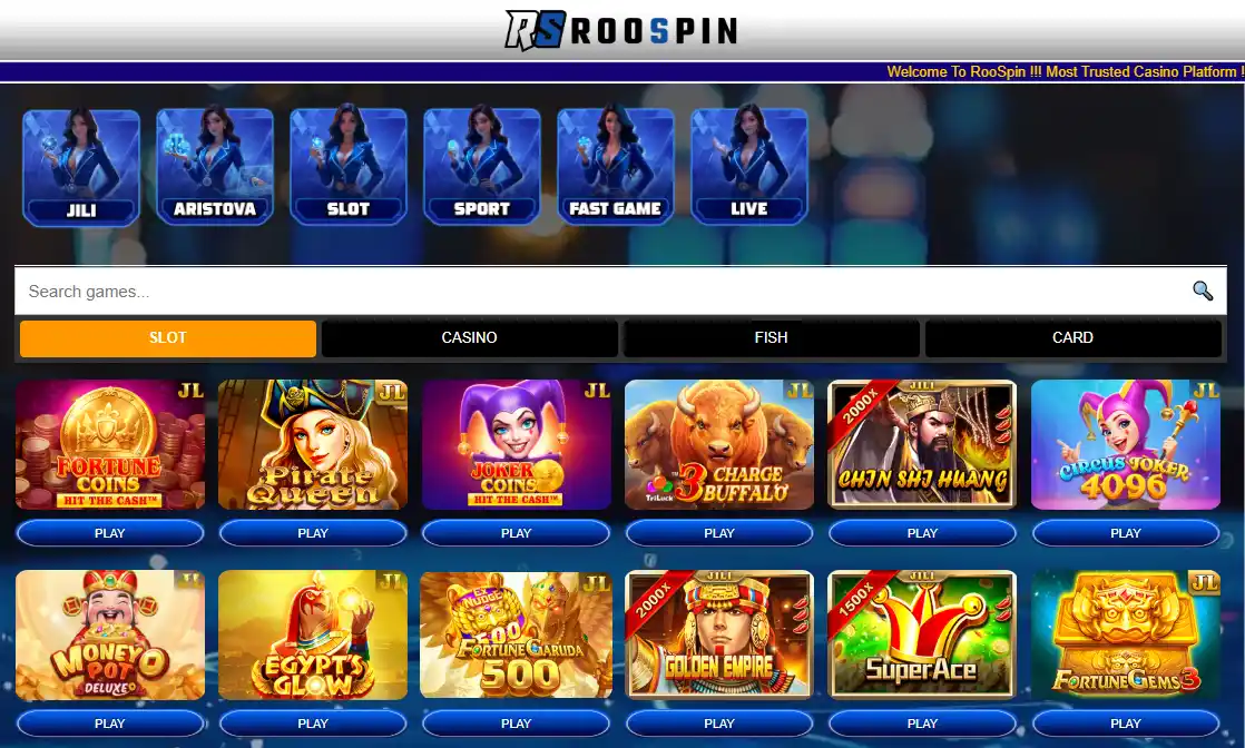 Roospin games lobby showing pokies, live casino, table and crash-game category navigation