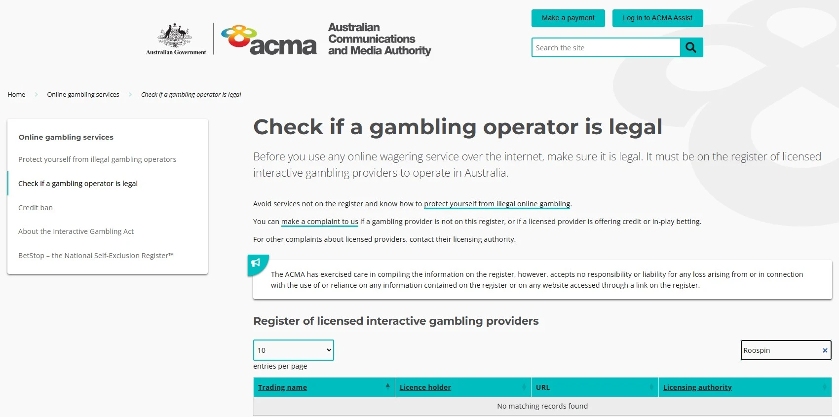 ACMA licensed interactive gambling provider register used to check Roospin in Australia