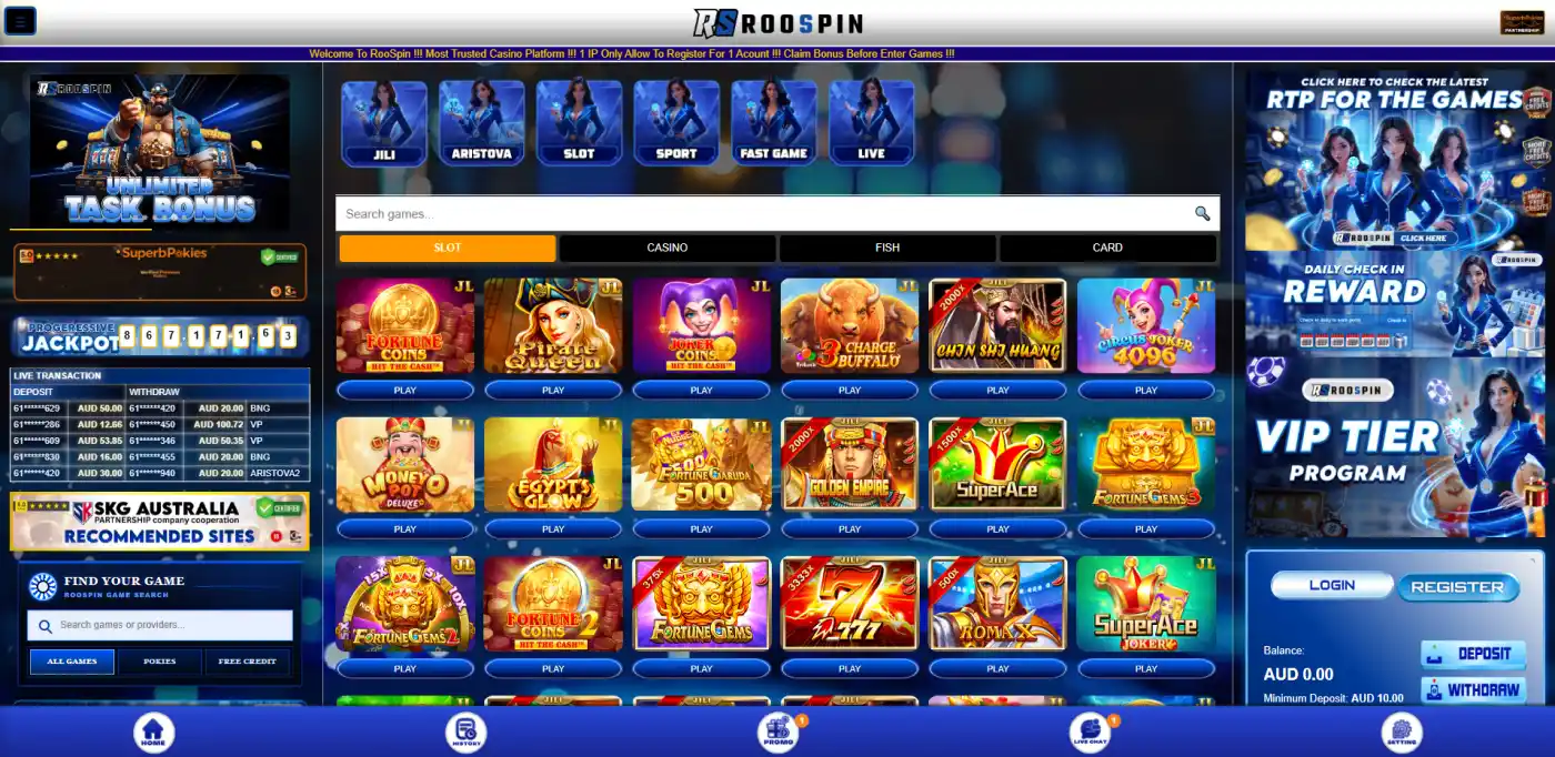 Roospin player-facing casino lobby showing its game presentation