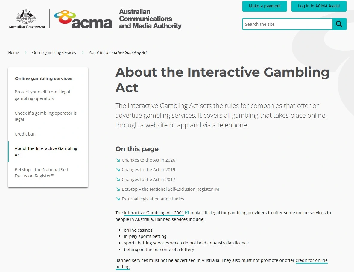 ACMA guidance page explaining Australian interactive gambling rules